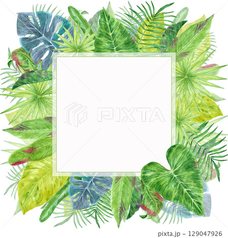 Tropical leaves frame border, hand drawn watercolor illustration isolated on white background. Can be used for cards, invitation and other printed products. Tropical leaves frame border, hand drawn watercolor illustration isolated on white background. Can be used for cards, invitation and other printed products. 129047926