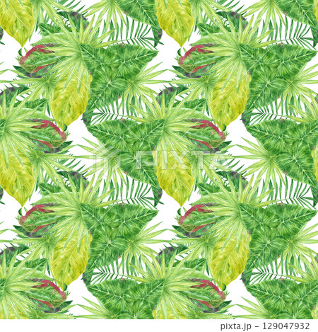 Tropical leaves seamless pattern, hand drawn watercolor rainforest illustration isolated on white background. Can be used for textile, fabric and other printed products. Tropical leaves seamless pattern, hand drawn watercolor rainforest illustration isolated on white background. Can be used for textile, fabric and other printed products. 129047932