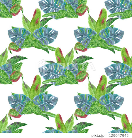 Tropical leaves seamless pattern, hand drawn watercolor rainforest bushes illustration isolated on white background. Can be used for textile, fabric and other printed products. Tropical leaves seamless pattern, hand drawn watercolor rainforest bushes illustration isolated on white background. Can be used for textile, fabric and other printed products. 129047943