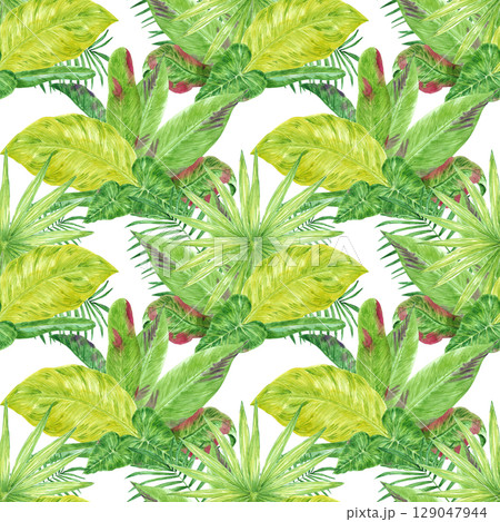 Tropical leaves seamless pattern, hand drawn watercolor rainforest bushes illustration isolated on white background. Can be used for textile, fabric and other printed products. Tropical leaves seamless pattern, hand drawn watercolor rainforest bushes illustration isolated on white background. Can be used for textile, fabric and other printed products. 129047944