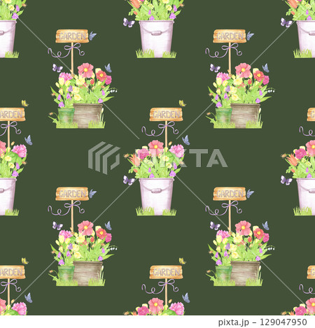Hand drawn watercolor flowers in pots and boxes. Palisade composition seamless pattern isolated on green background. Can be used for textile, fabric, scrapbook and other printed products. 129047950