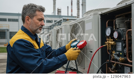Professional HVAC technician using pressure gauges on commercial air conditioning system maintenance 129047963