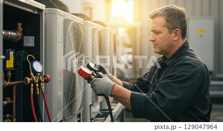 Professional HVAC technician using pressure gauges on commercial air conditioning system maintenance 129047964