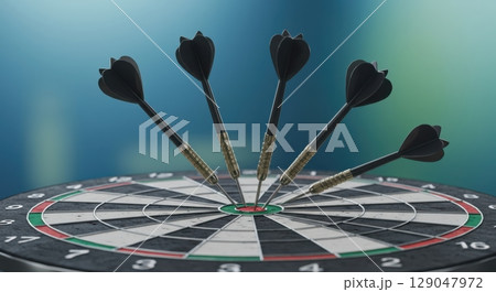 Five black dart arrows hitting bullseye center of dartboard - precision targeting success concept Five black dart arrows hitting bullseye center of dartboard - precision targeting success concept 129047972