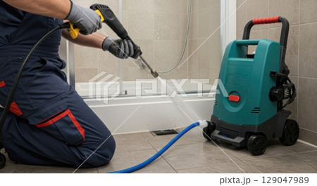 High pressure water jet cleaning drain in modern bathroom - professional plumbing maintenance service High pressure water jet cleaning drain in modern bathroom - professional plumbing maintenance service 129047989