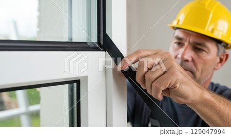 Construction worker in hard hat installing window weatherstripping - energy efficient home improvement 129047994