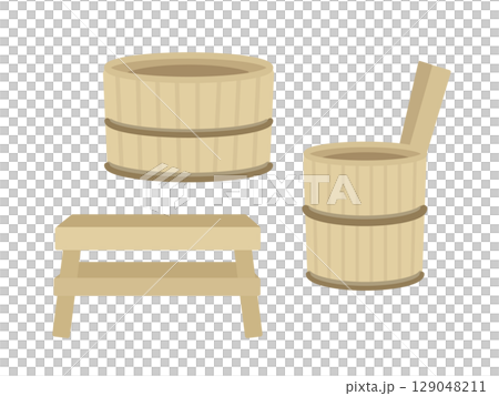 木製浴缸和浴凳插圖集 129048211
