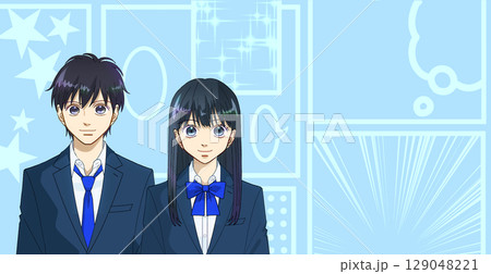 高校生または中学生の男女のアニメ風イラスト、かわいい色味のコミック風背景、コピースペースあり 129048221