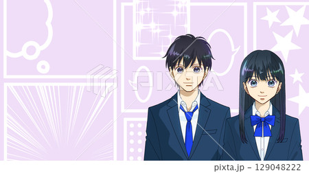 高校生または中学生の男女のアニメ風イラスト、かわいい色味のコミック風背景、コピースペースあり 129048222