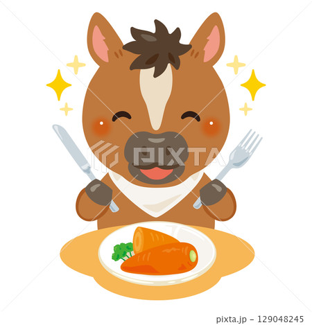 食事するウマのキャラクターイラスト 129048245