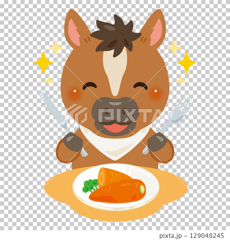 食事するウマのキャラクターイラスト 129048245