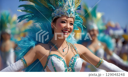 青い綺麗な衣装で踊るテーマパークダンサー 129048248