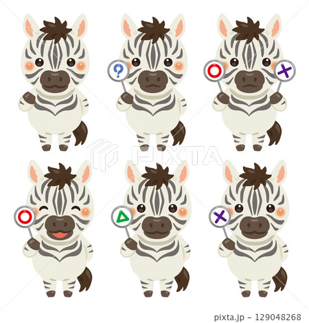 ○×△の札を持ったシマウマのキャラクターイラストセット ○×△の札を持ったシマウマのキャラクターイラストセット 129048268