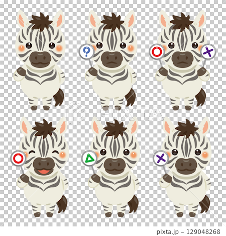 ○×△の札を持ったシマウマのキャラクターイラストセット ○×△の札を持ったシマウマのキャラクターイラストセット 129048268