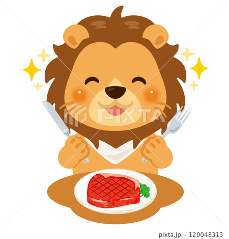 食事するライオンのキャラクターイラスト 食事するライオンのキャラクターイラスト 129048313