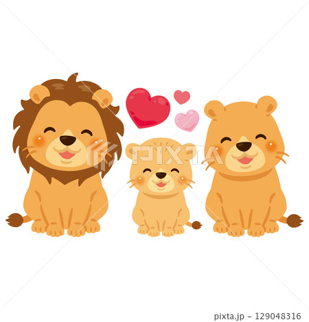 お座りした笑顔のライオンの家族イラスト お座りした笑顔のライオンの家族イラスト 129048316