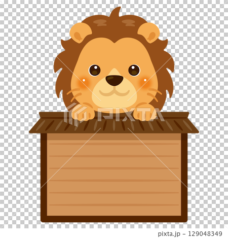 Character illustration of a lion riding a wooden sign 129048349