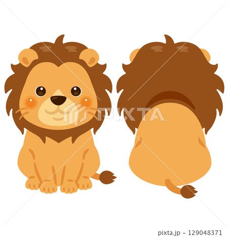 お座りしたライオンの前後イラストセット お座りしたライオンの前後イラストセット 129048371