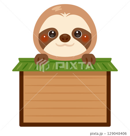 木製看板に乗ったナマケモノのキャラクターイラスト 129048406