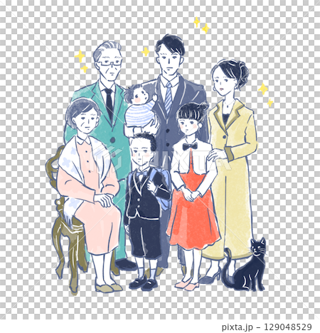 A three-generation family taking commemorative photos at a photo studio to commemorate their elementary school entrance ceremony 129048529