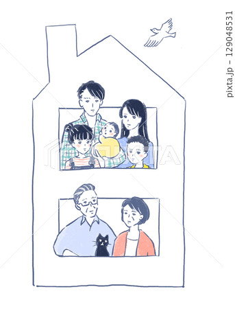 二世帯の家に住む3世代家族のイラスト 二世帯の家に住む3世代家族のイラスト 129048531