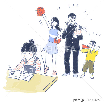 受験勉強中の長女を全力で応援する家族のイラスト 129048532