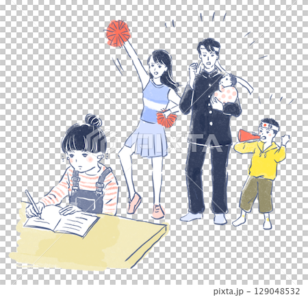 受験勉強中の長女を全力で応援する家族のイラスト 129048532