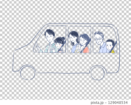 Illustration of a three-generation family going out in a private car Illustration of a three-generation family going out in a private car 129048534