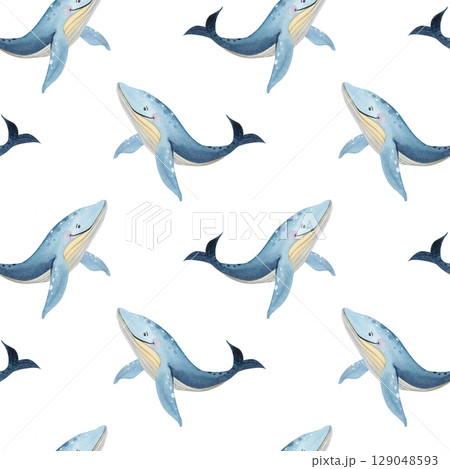 Seamless watercolor pattern in marine style. Illustration with blue whales on white background 129048593