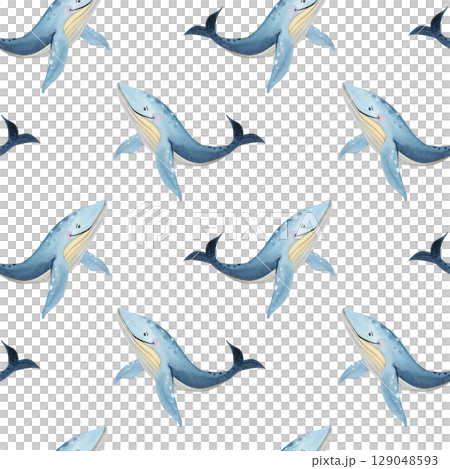 Seamless watercolor pattern in marine style. Illustration with blue whales on white background 129048593