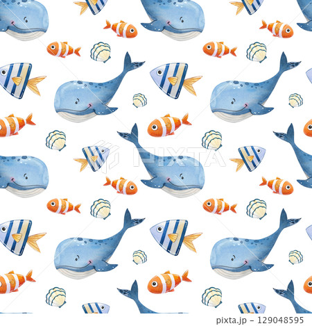 Seamless watercolor pattern in marine style. Illustration with blue whales, fish and shells 129048595