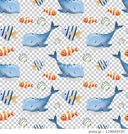 Seamless watercolor pattern in marine style. Illustration with blue whales, fish and shells 129048595