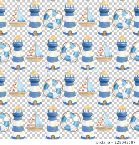 Seamless watercolor pattern in marine style. Illustration with lighthouses and boat and lifebuoy 129048597