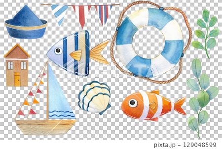 Watercolor illustration with cute underwater animals. Set with shells, fish, whales, lighthouses, boat. Perfect for children party, greeting cards, nursery, invitations, birthday, party. Watercolor illustration with cute underwater animals. Set with shells, fish, whales, lighthouses, boat. Perfect for children party, greeting cards, nursery, invitations, birthday, party. 129048599