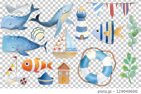 Watercolor illustration with cute underwater animals. Set with shells, fish, whales, lighthouses, boat. Perfect for children party, greeting cards, nursery, invitations, birthday, party. 129048600
