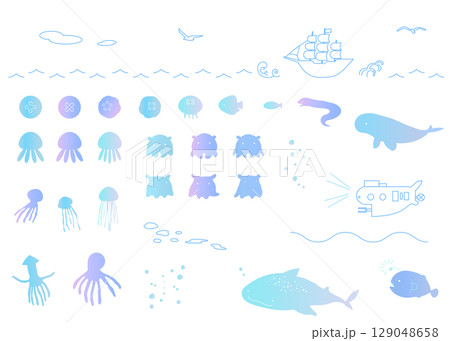 マリンモチーフのイラストセット　夏　海　海の生き物　グラデーション 129048658