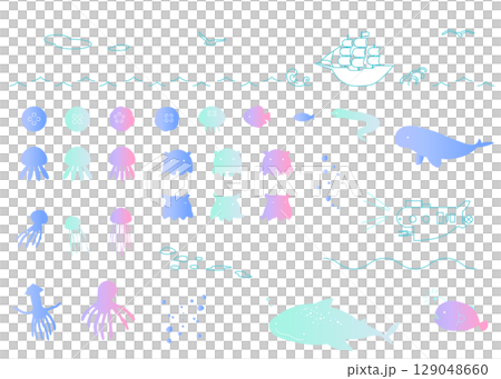海洋主題插圖集：夏季、海洋、海洋生物、漸變 129048660