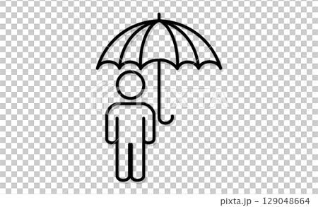 Simple line drawing illustration icon of a person holding an umbrella 129048664