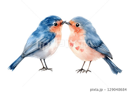 A charming watercolor illustration of two bluebirds softly touching beaks 129048684