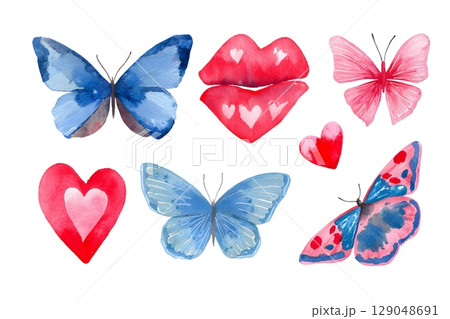 A delightful watercolor illustration featuring vibrant blue and pink butterflies, red hearts 129048691