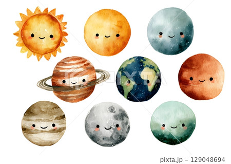 Whimsical watercolor illustration of smiling planets and the sun, perfect for children's educational materials 129048694