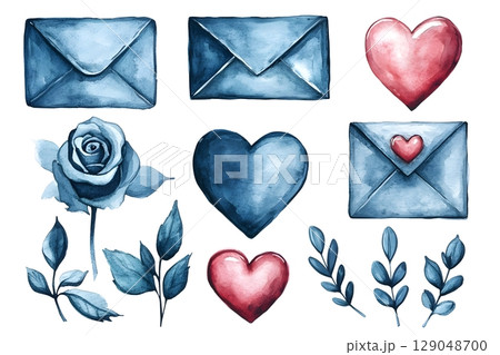 This watercolor illustration features envelopes, hearts, a rose, and botanical elements 129048700
