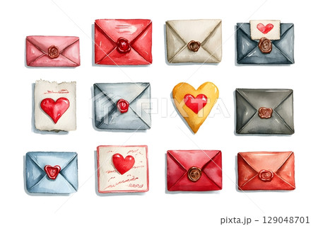 A set of watercolor envelopes, each uniquely designed with hearts and wax seals 129048701