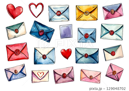 A charming watercolor illustration of colorful envelopes, each sealed with wax 129048702
