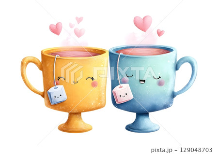 Cute illustration of two smiling teacups, colored yellow and blue, with tea bags and pink hearts above. 129048703
