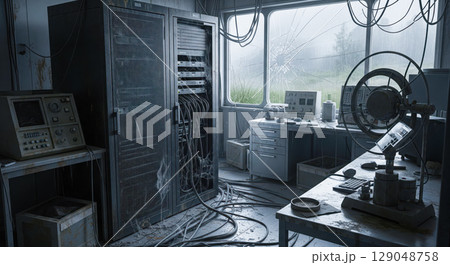 Abandoned science laboratory with old computers and server racks, post-apocalyptic interior with broken window looking out on rainy landscape 129048758