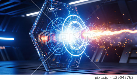 High energy particle collision with futuristic reactor core, powerful laser beam hitting blue plasma field with sparks, abstract science and technology background High energy particle collision with futuristic reactor core, powerful laser beam hitting blue plasma field with sparks, abstract science and technology background 129048762