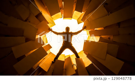 Silhouette of man breaking through wall of obstacles into light, a concept of personal breakthrough, success, and overcoming challenges 129048778