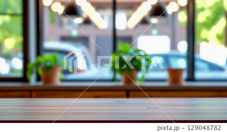 Empty wood table surface with blurred cafe window view of city street, background for product display with plants and modern lights Empty wood table surface with blurred cafe window view of city street, background for product display with plants and modern lights 129048782