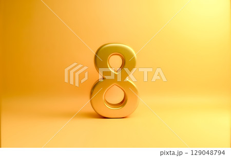 Elegant golden number 8 displayed on soft yellow background, idea of success, fortune, harmony, perfection, infinity and creative numeric presentation. 3d illustration 129048794